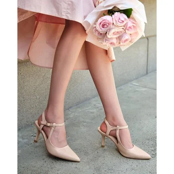 Coutgo Women's Nude Pointed Toe Ankle Strap Patent Leather Stiletto High Heels - Picture 3 of 5